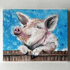 Original Pig Oil/Acrylic Painting on Canvas Whimsical Folk Art 14"x11"